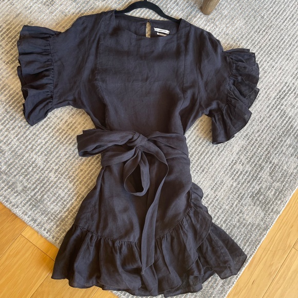 Isabel Marant Etoile Delicia Black Linen Mini Dress w Ruffle Trim Size M (EU 38) - Picture 2 of 7